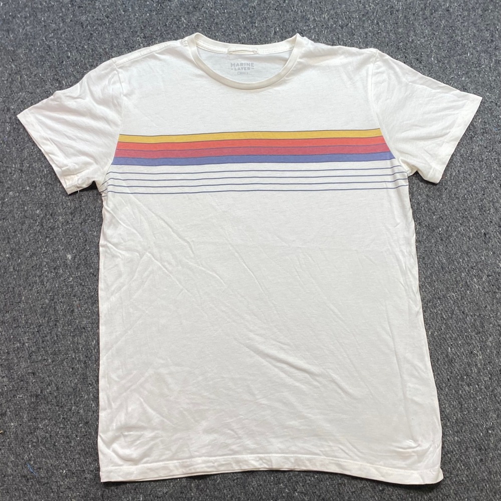 Marine Layer TShirt Sz S Mens White Retro Chest Stripe Surf Skater Coastal Tee